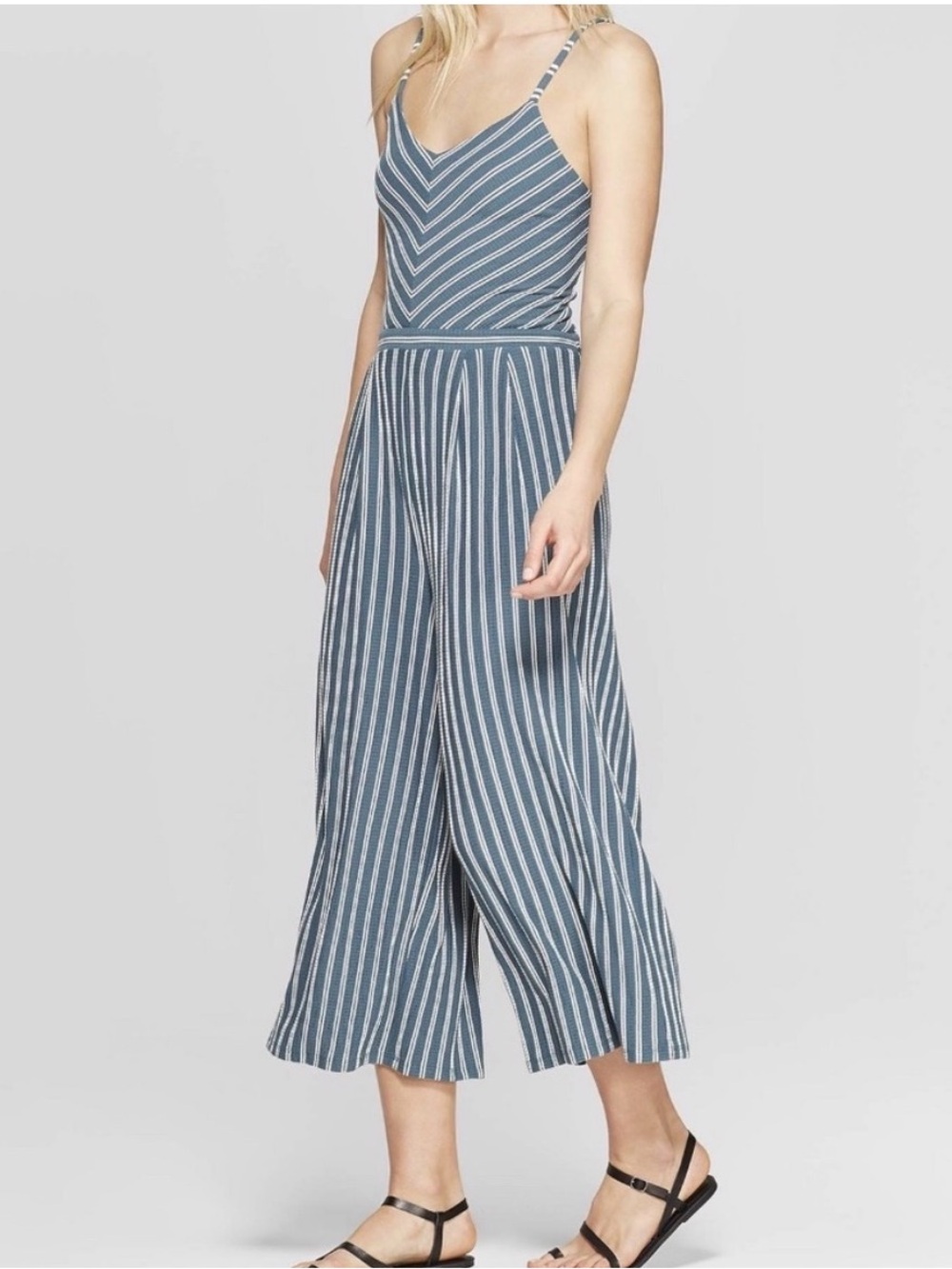 Striped Green Wide-Leg Jumpsuit with Spaghetti Straps
